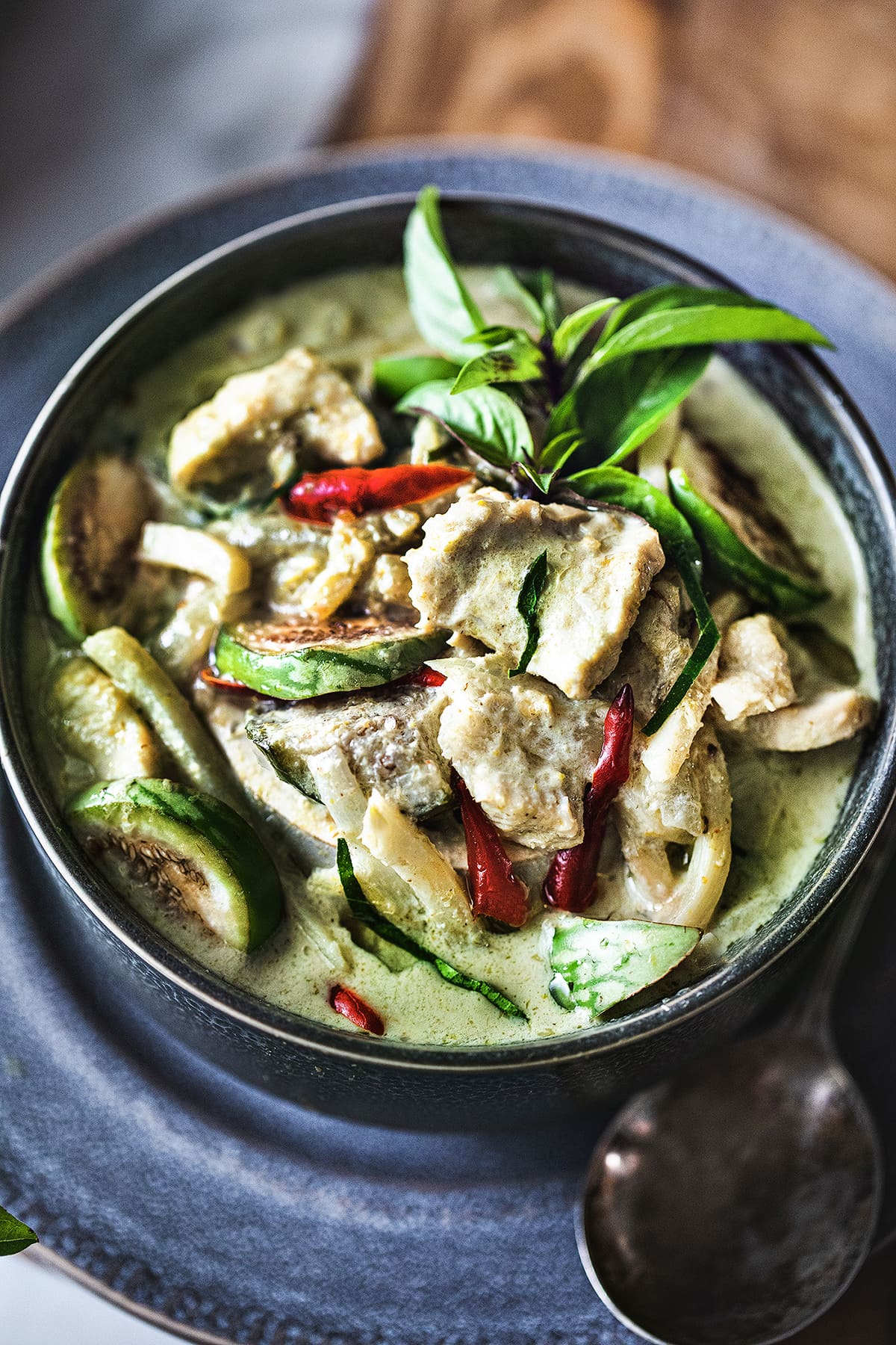 Thai green curry in a bowl.