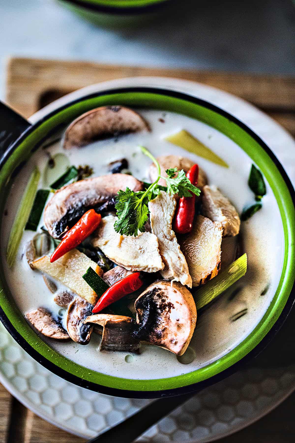 Tom Kha gai soup in a  bowl.