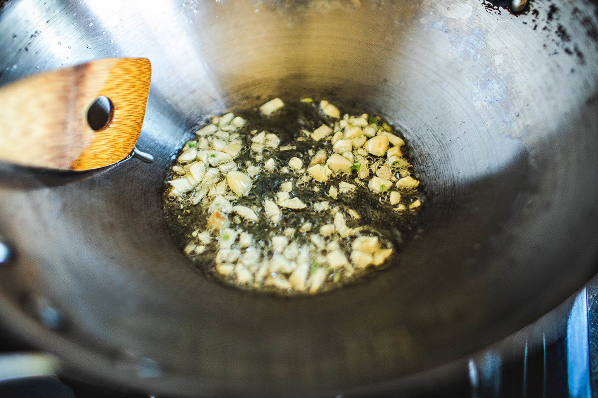 fried garlic in a wok