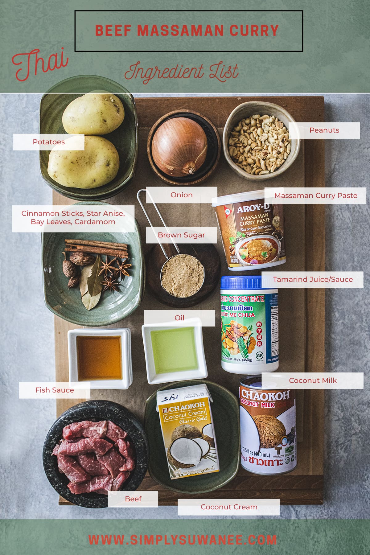 Beef massaman curry ingredients on a table. 