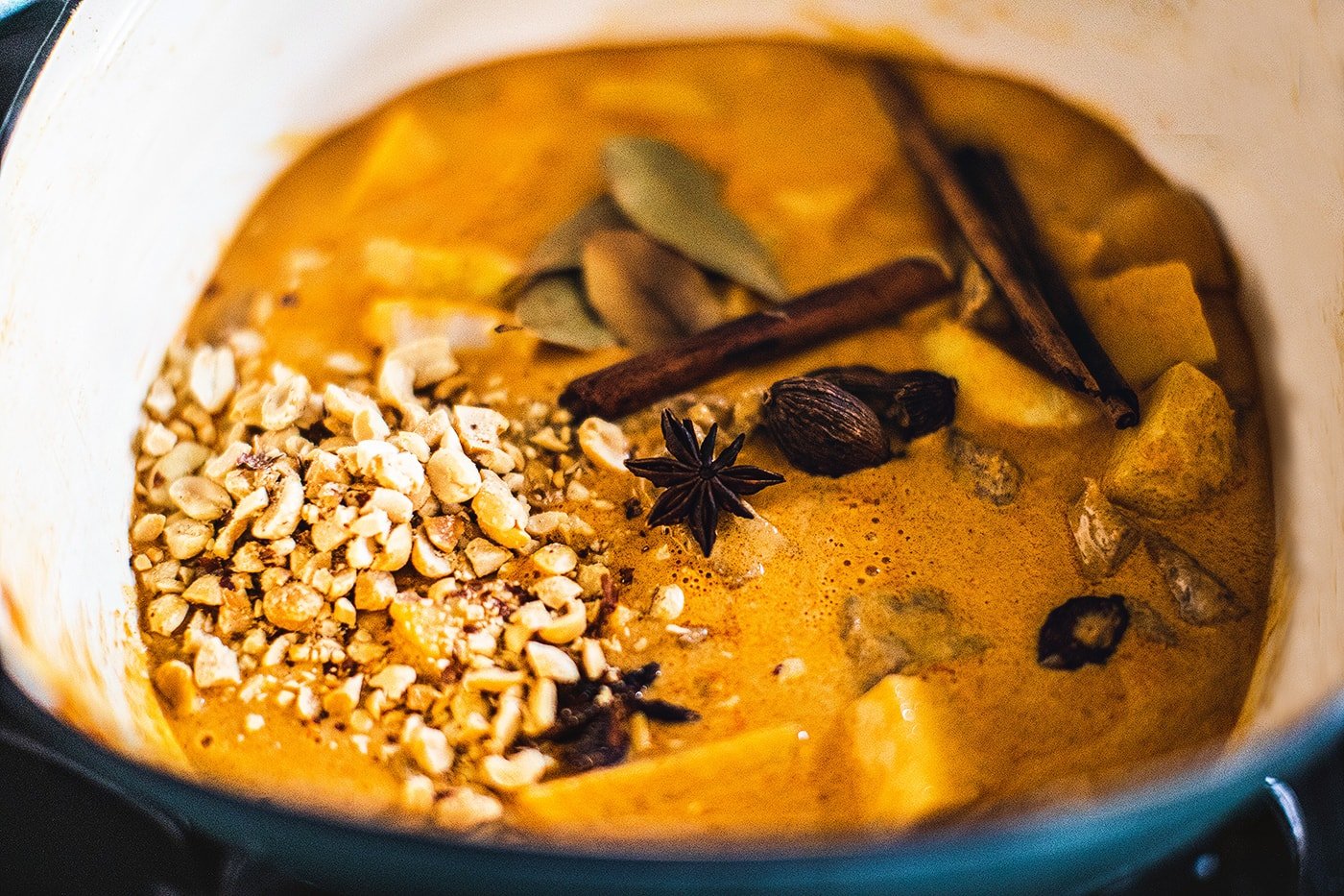 Massaman curry in a soup pot.