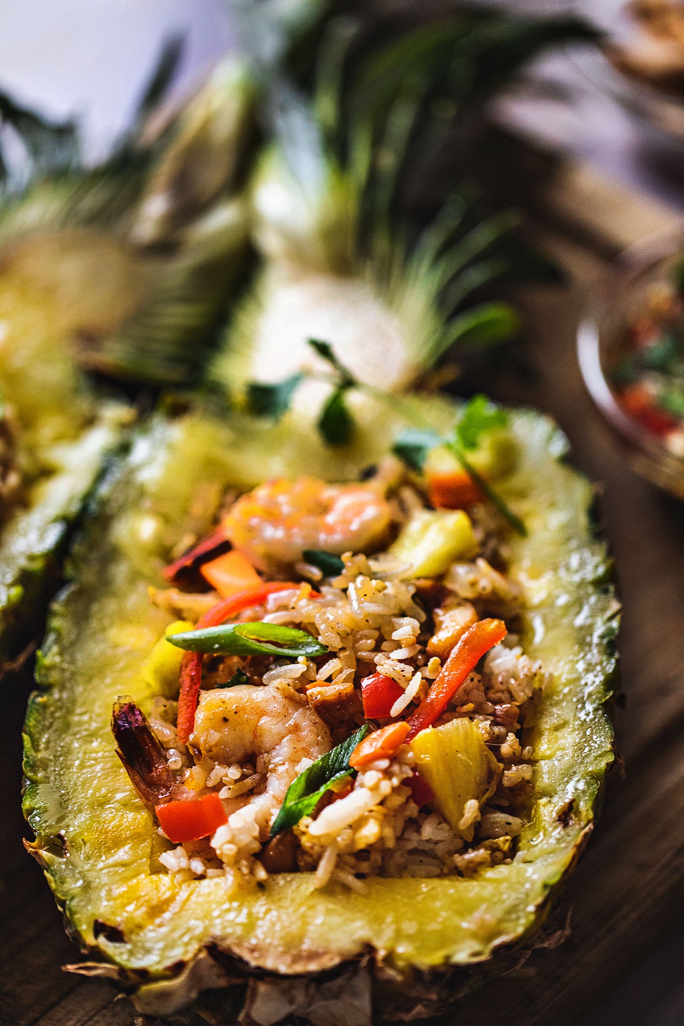 Pineapple fried rice in a pineapple boat. 