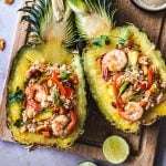 Pineapple fried rice with shrimp in pineapple boat.