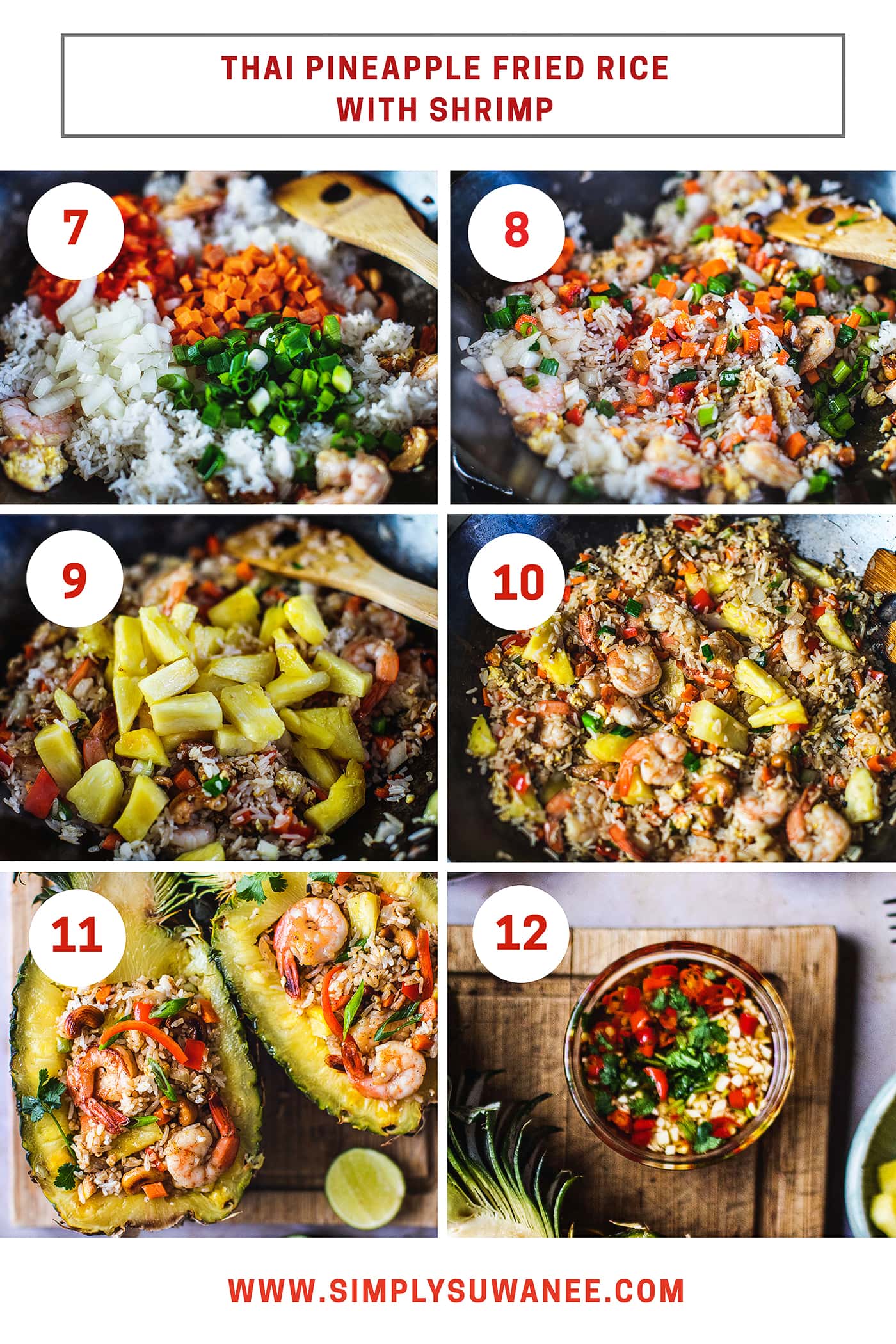 Pineapple fried rice with shrimp is a quick and easy Thai dish that is savory, sweet, and delicious. This recipe is a quick one to put together, taking less than 30 minutes. Perfect for a busy weeknight dinner! #shrimppineapplefriedrice #pineapplefriedrice #thaipineapplefriedrice #thaifriedrice