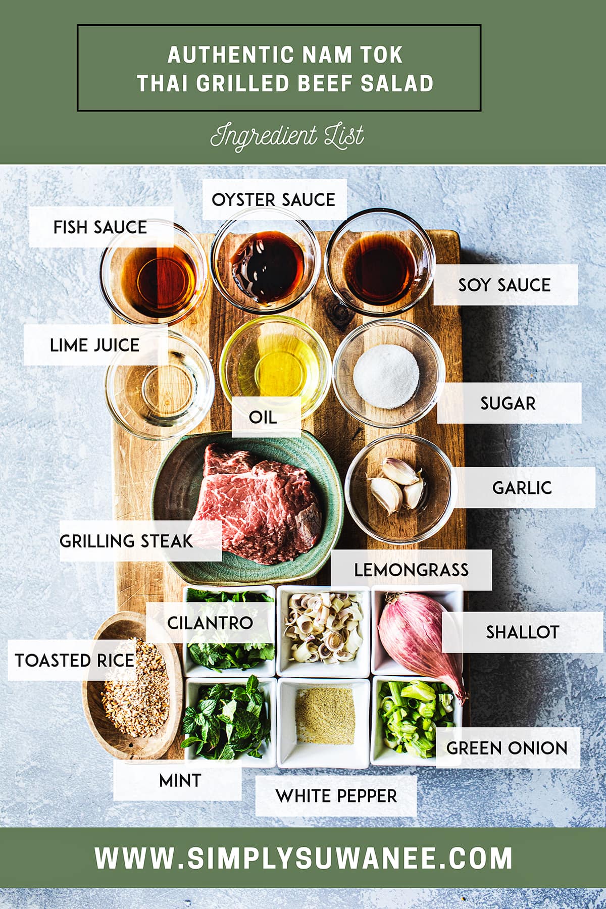 A full list of ingredients for making thai beef waterfall salad on a cutting board 