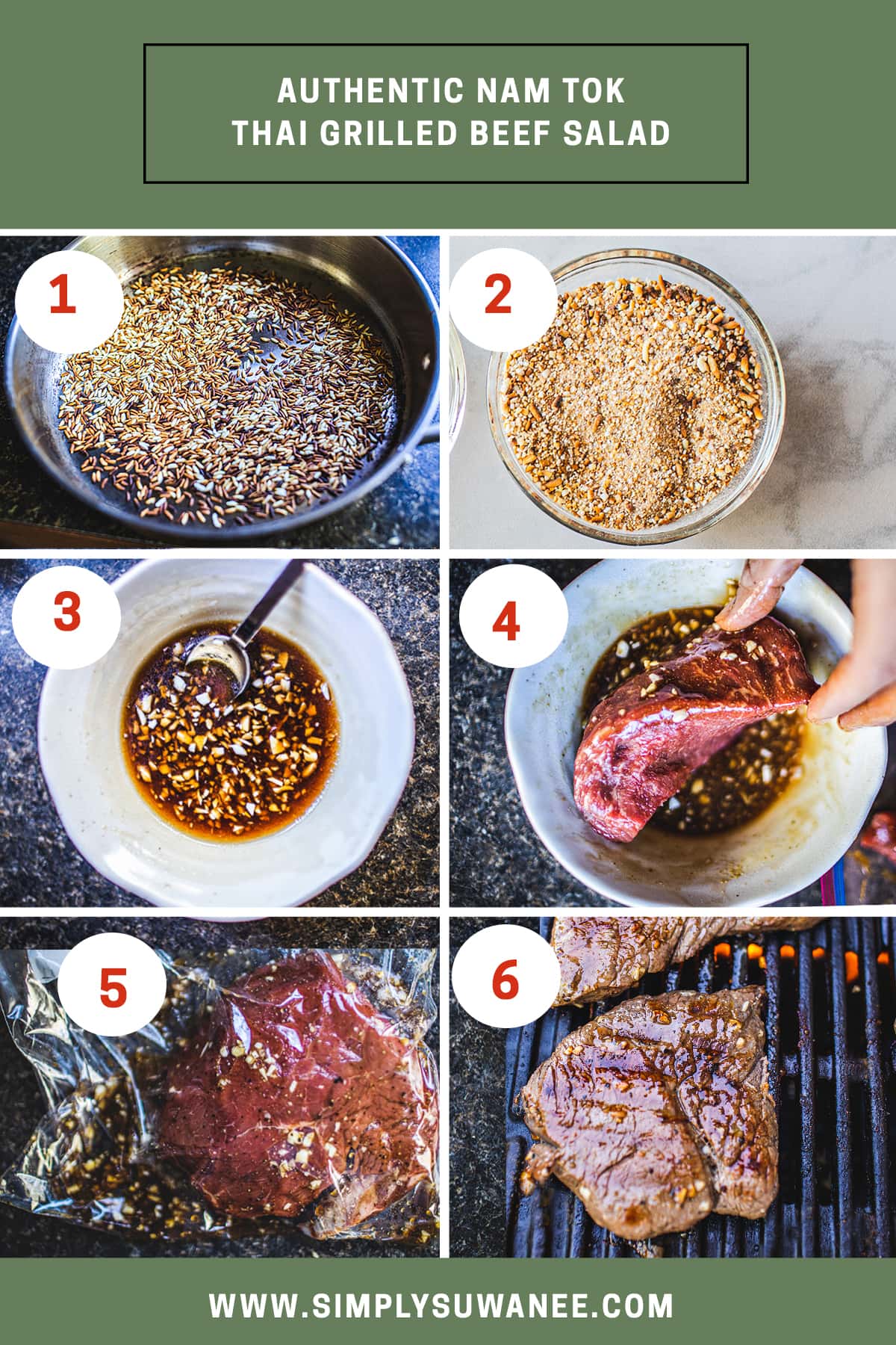 Step by step instruction, 1-6 on how to make Thai beef salad