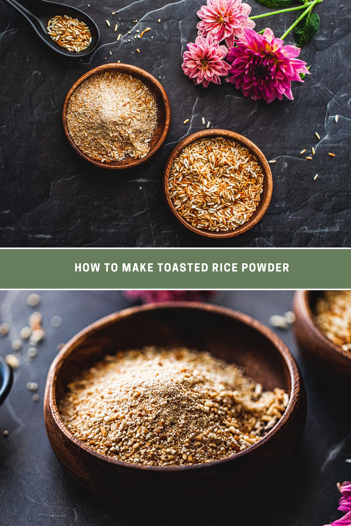 Thai toasted rice in small wooden bowls.