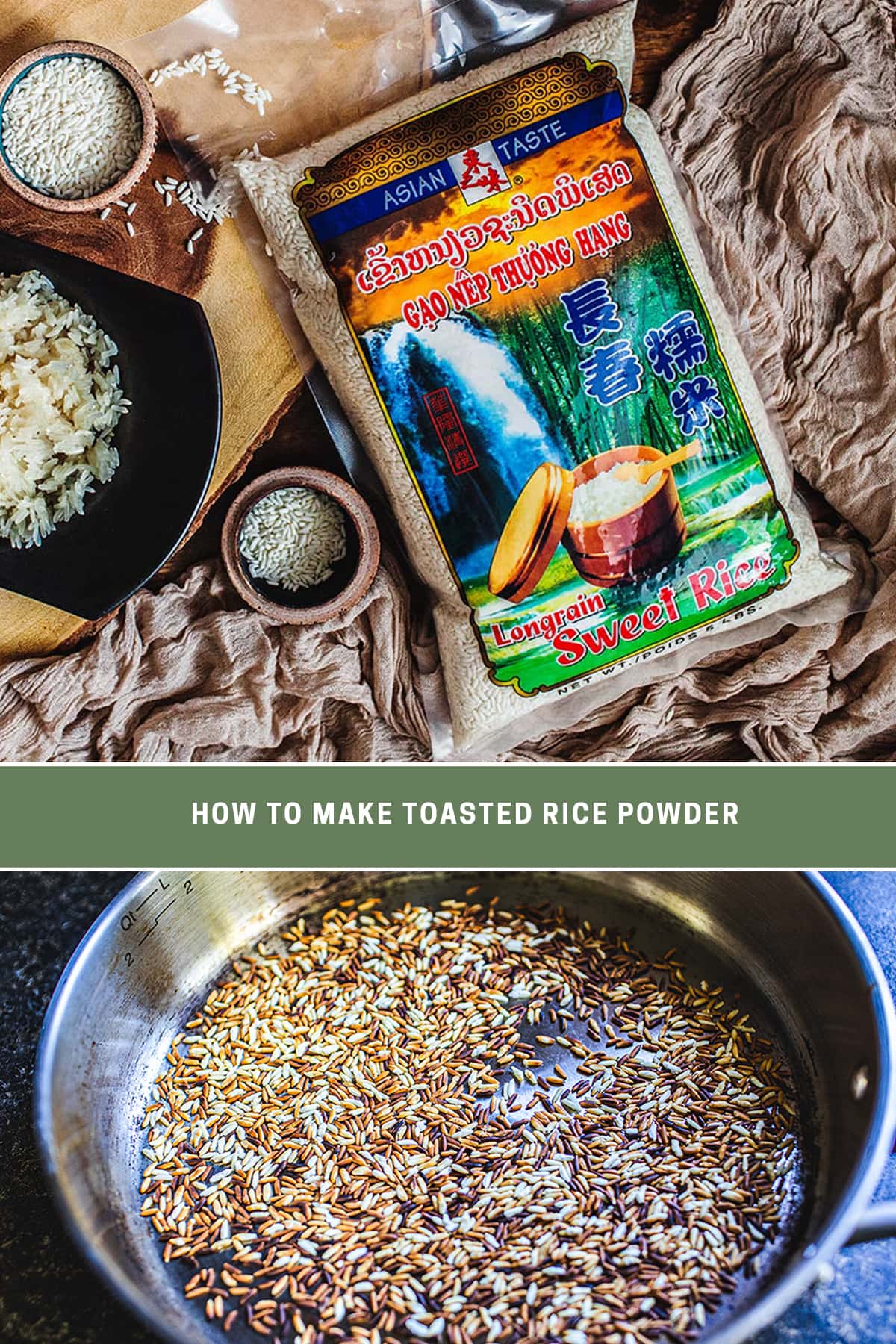 2 image collage of sticky rice and toasted rice grain in a pan. 