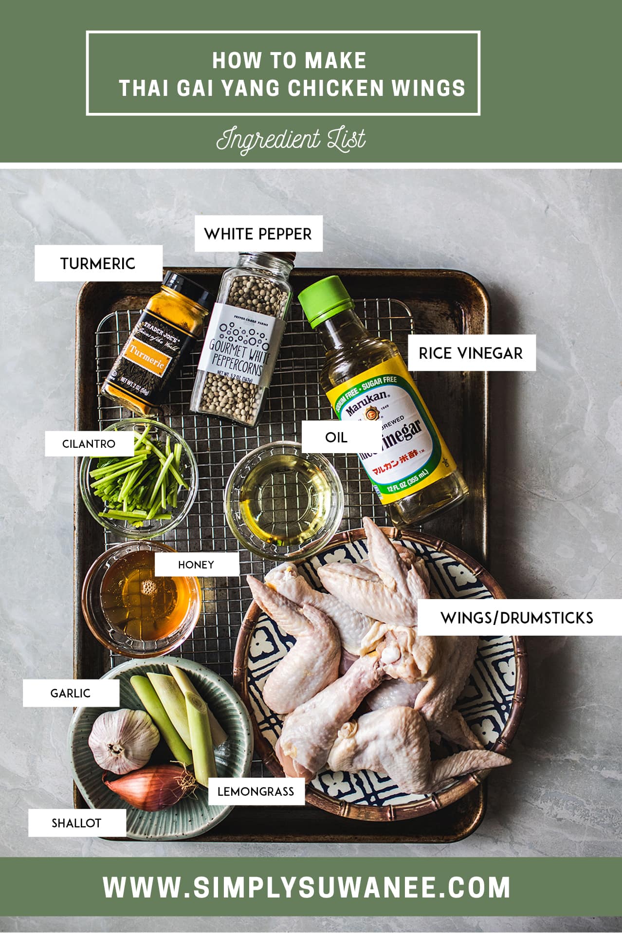 Ingredients on a baking tray for making thai chicken wings