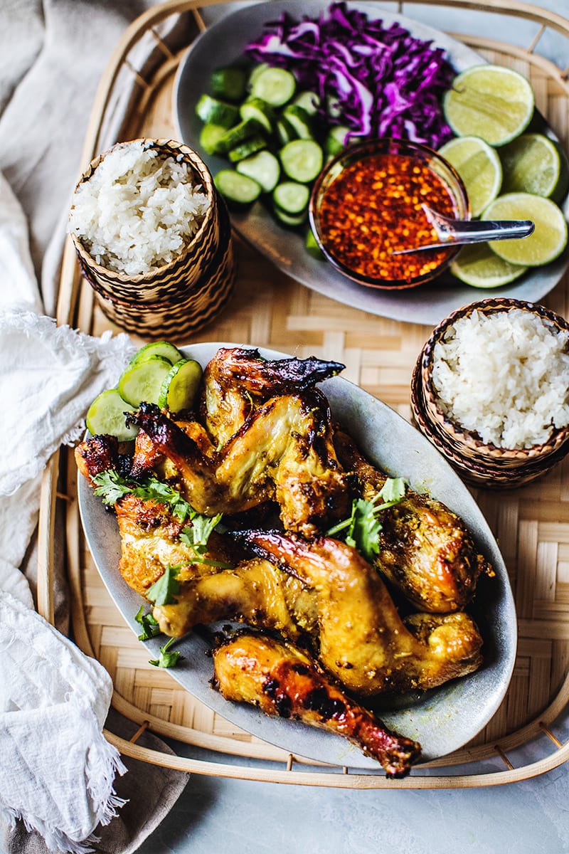 Chicken wings on a platter with sticky rice and vegetable tray