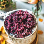 Purple sticky rice inside a bamboo basket