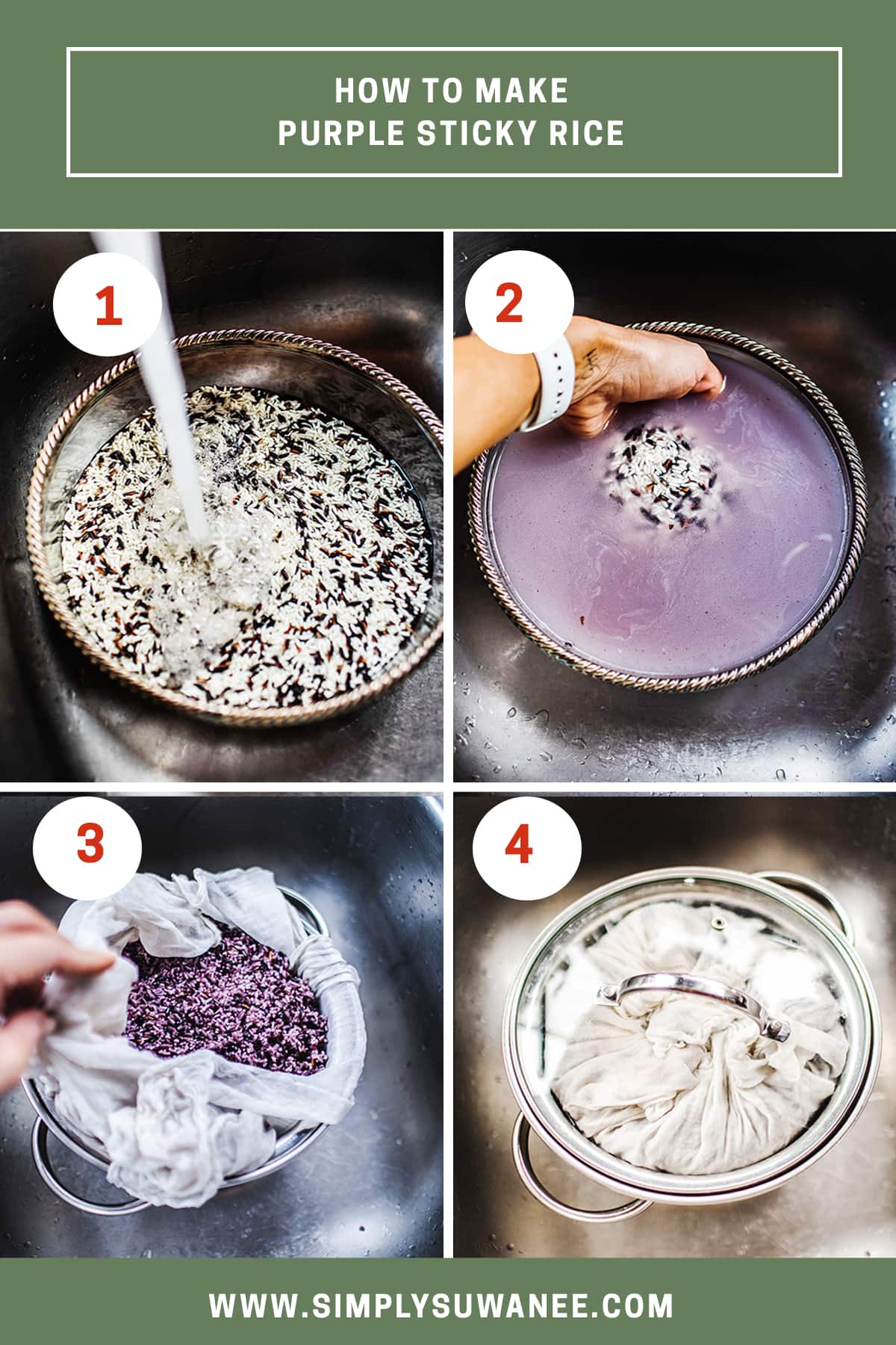 step 1-4 of how to make purple sticky rice