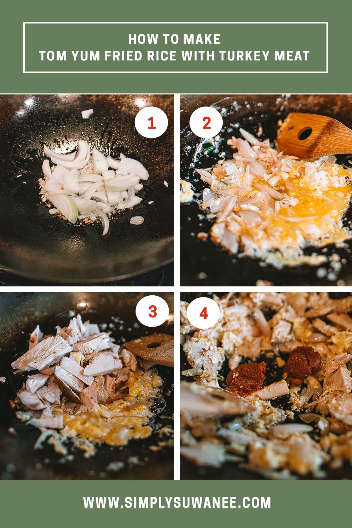 Steps 1-4 photos of how to make Tom Yum fried rice.