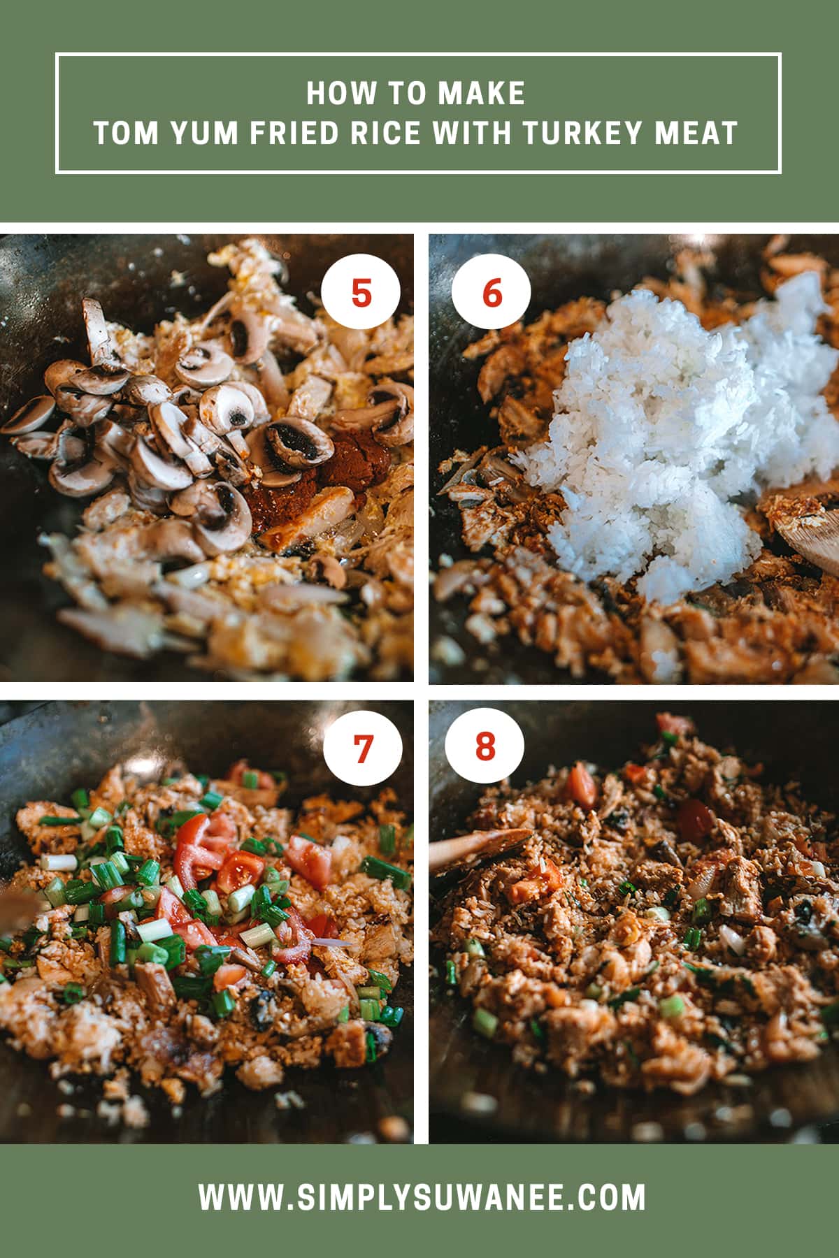 Steps 5-8 photos of how to make Tom Yum fried rice.