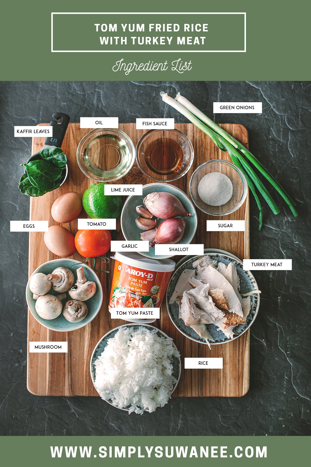 Ingredients for Tom Yum fried rice on a cutting board.