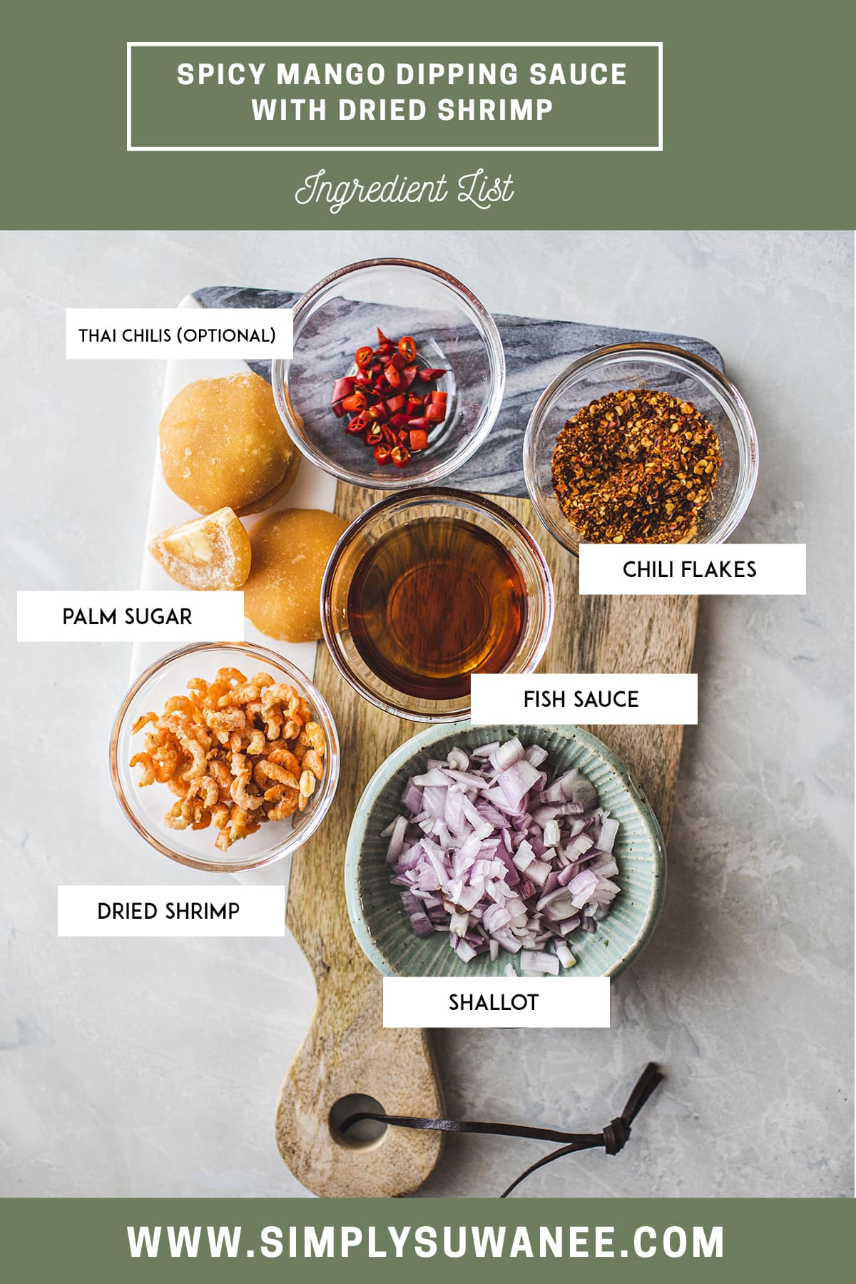 list of ingredients for dipping sauce on a cutting board