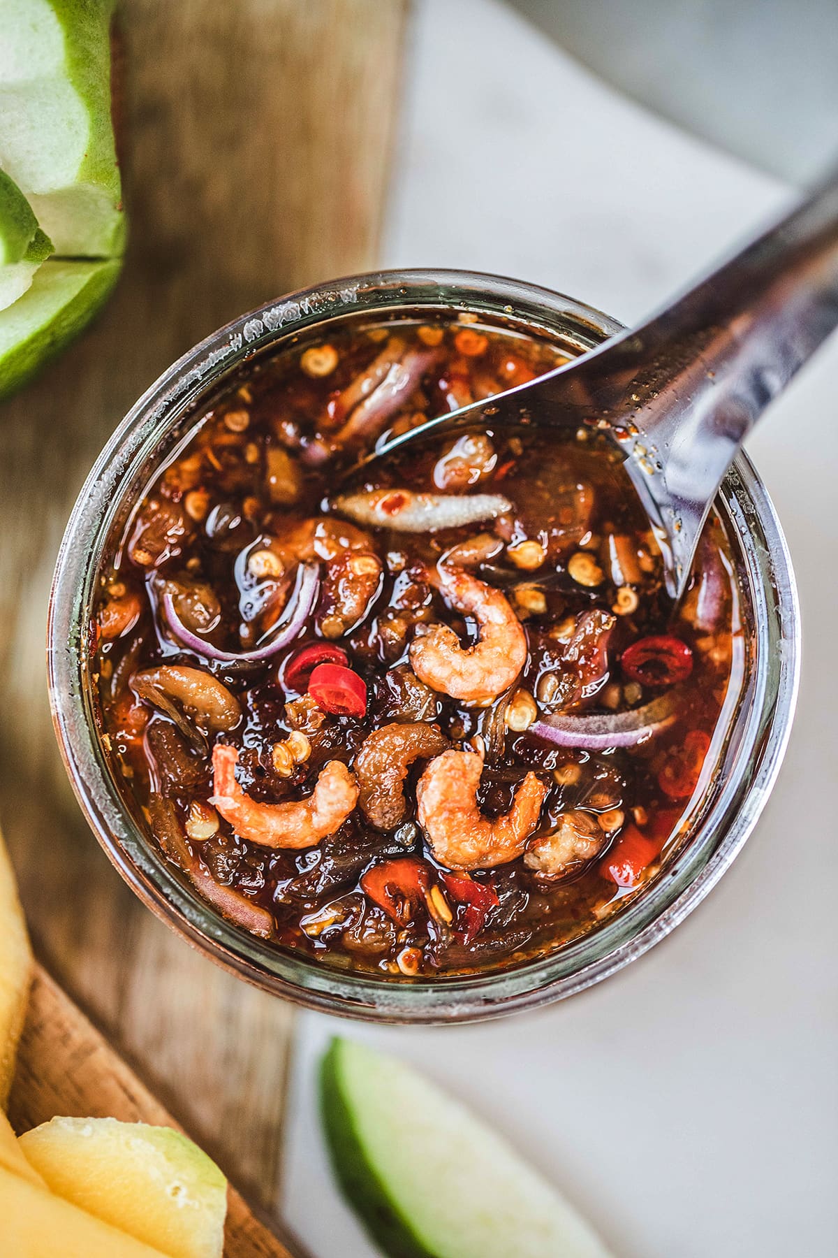 spoon in a spicy dipping sauce