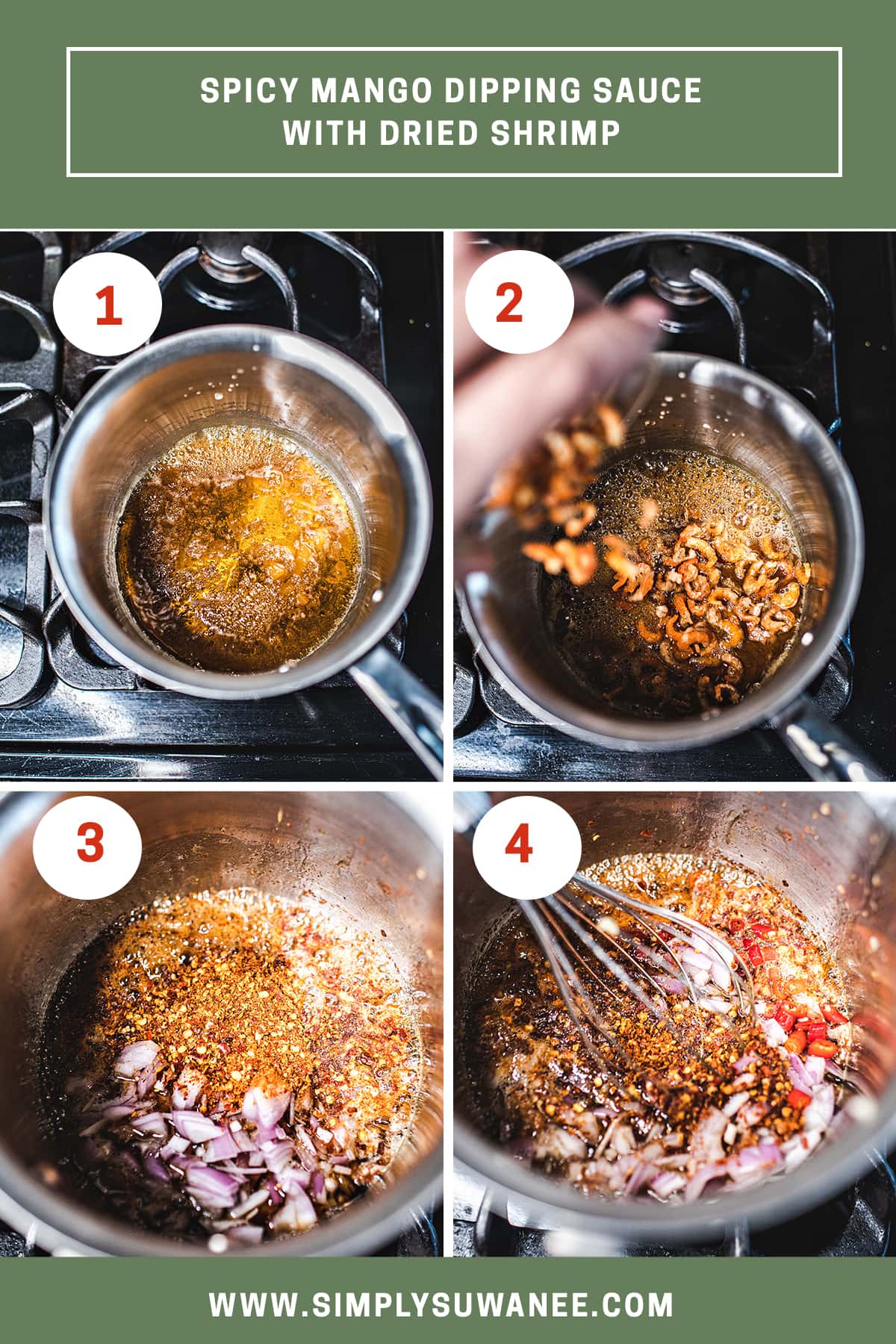 step 1-4 photos of how to make dipping sauce in a sauce pan