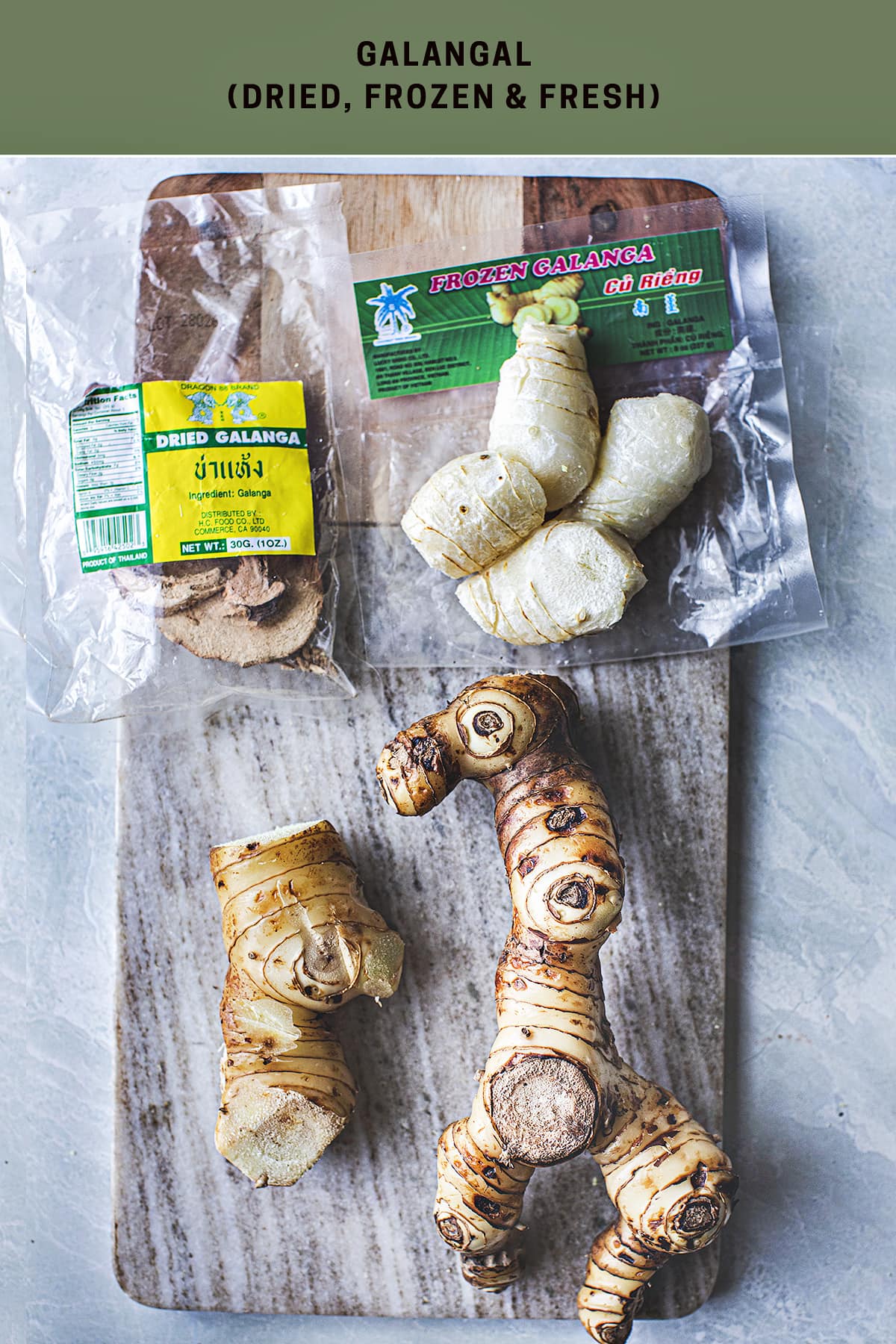 dried, frozen and fresh galangal on a cutting board.