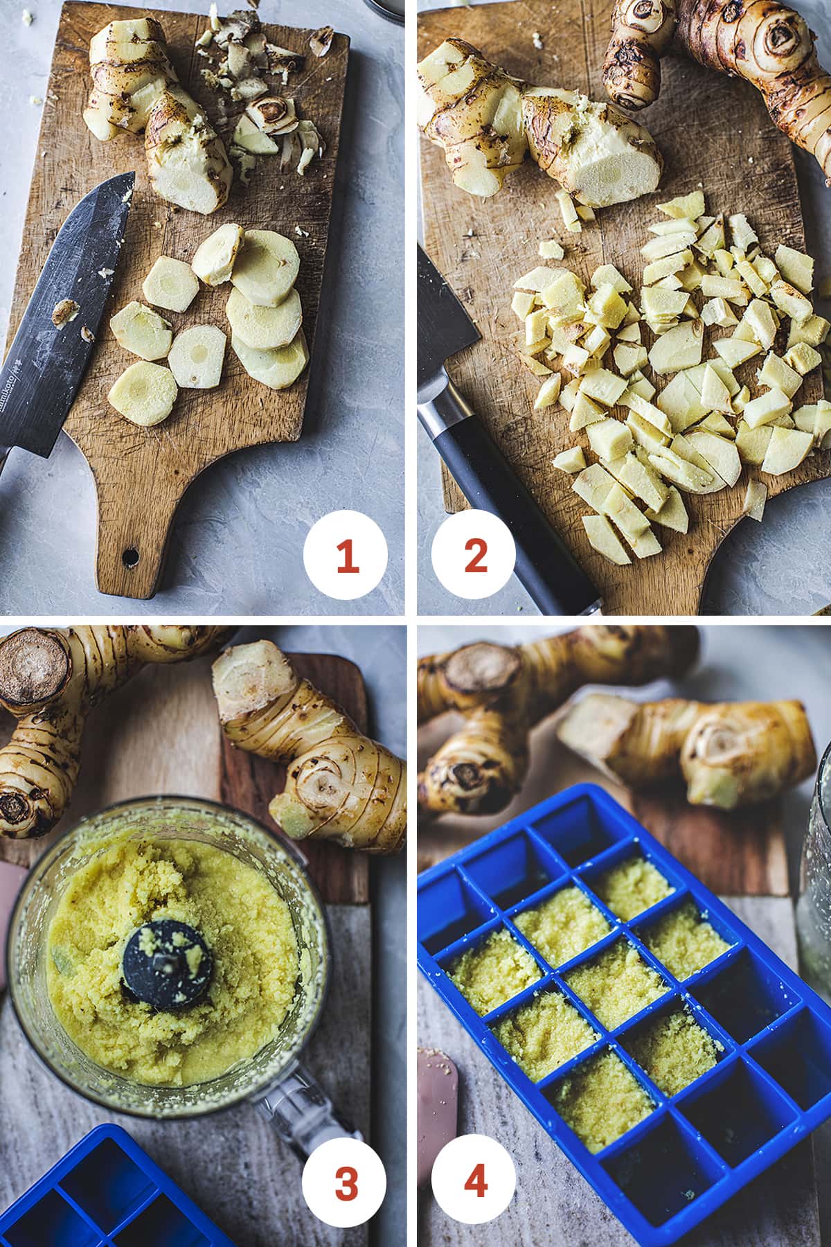 Four steps to making galangal paste in a collage.