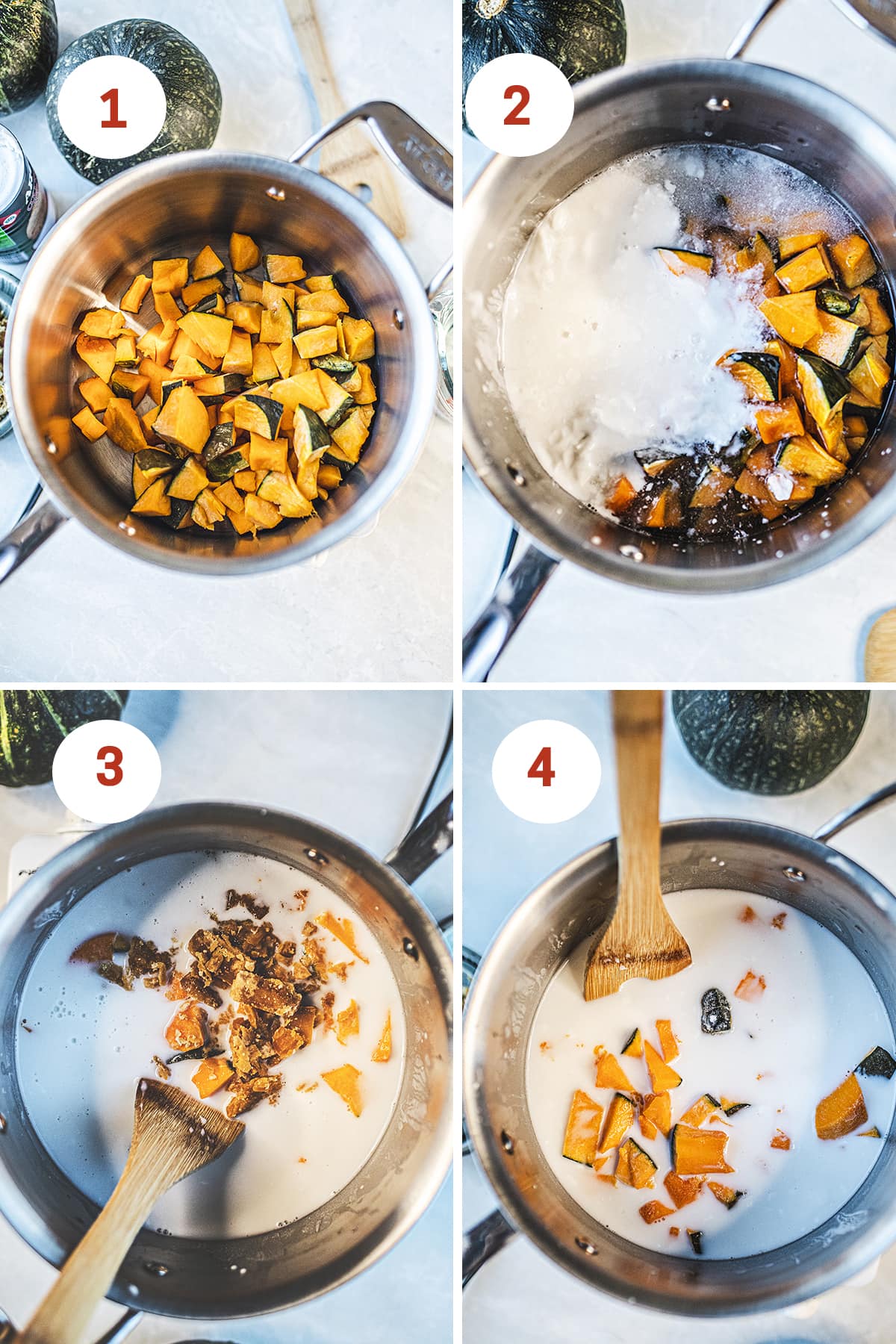 step 1- 4 on how to make Kabocha squash dessert