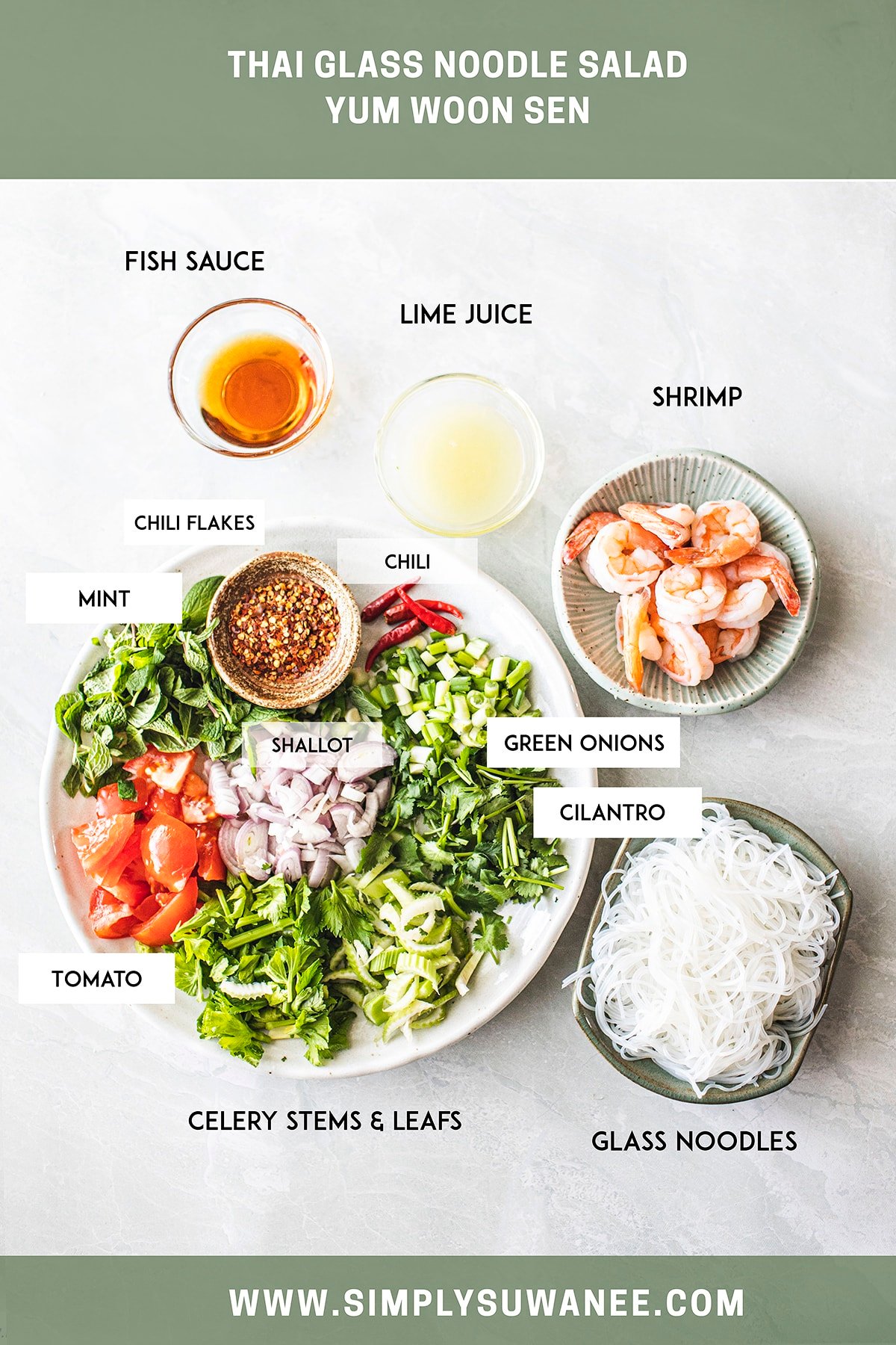 Ingredients for glass noodle salad on a counter.