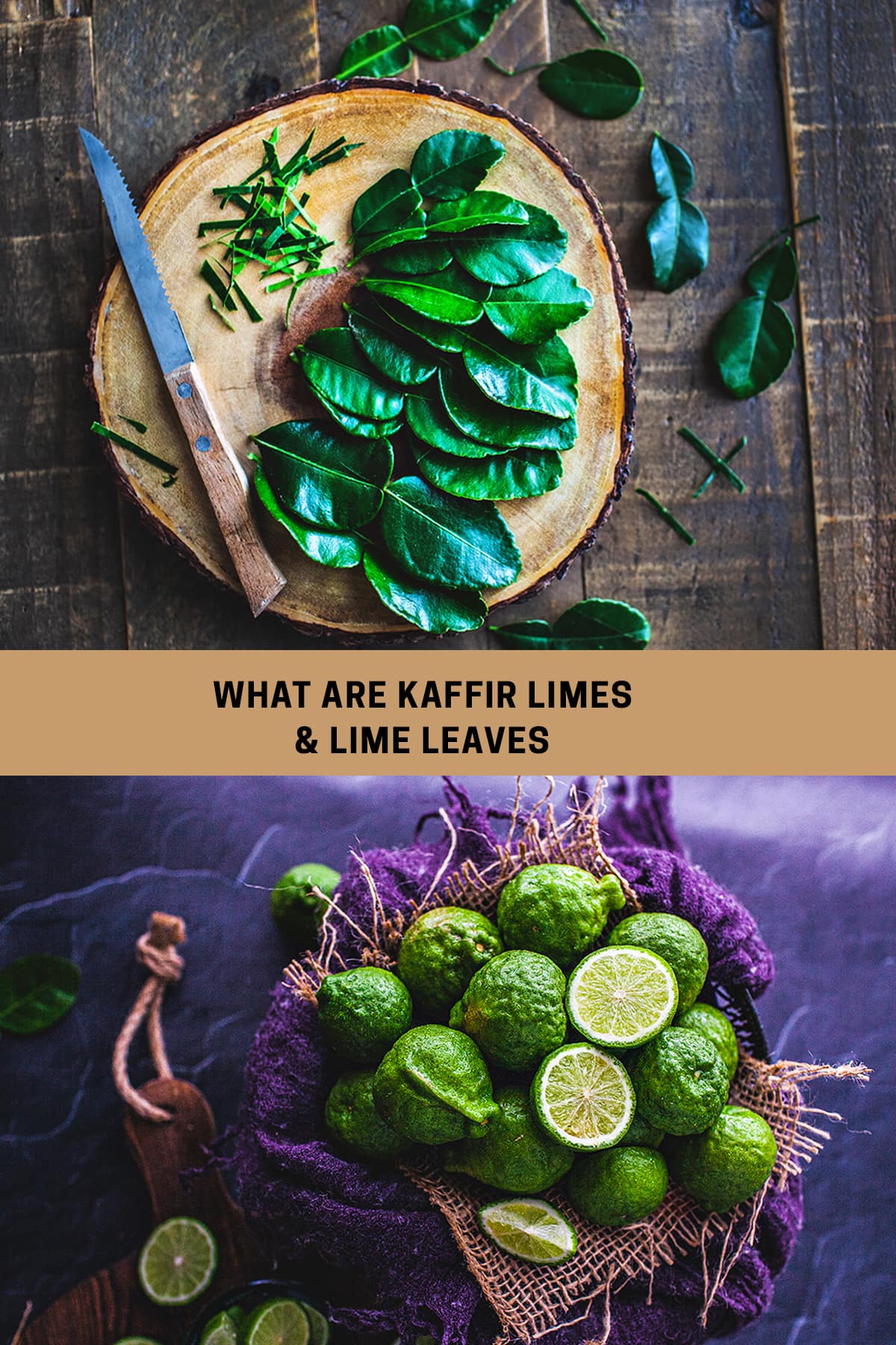 Kaffir lime leaves on cutting board and kaffir limes on the table