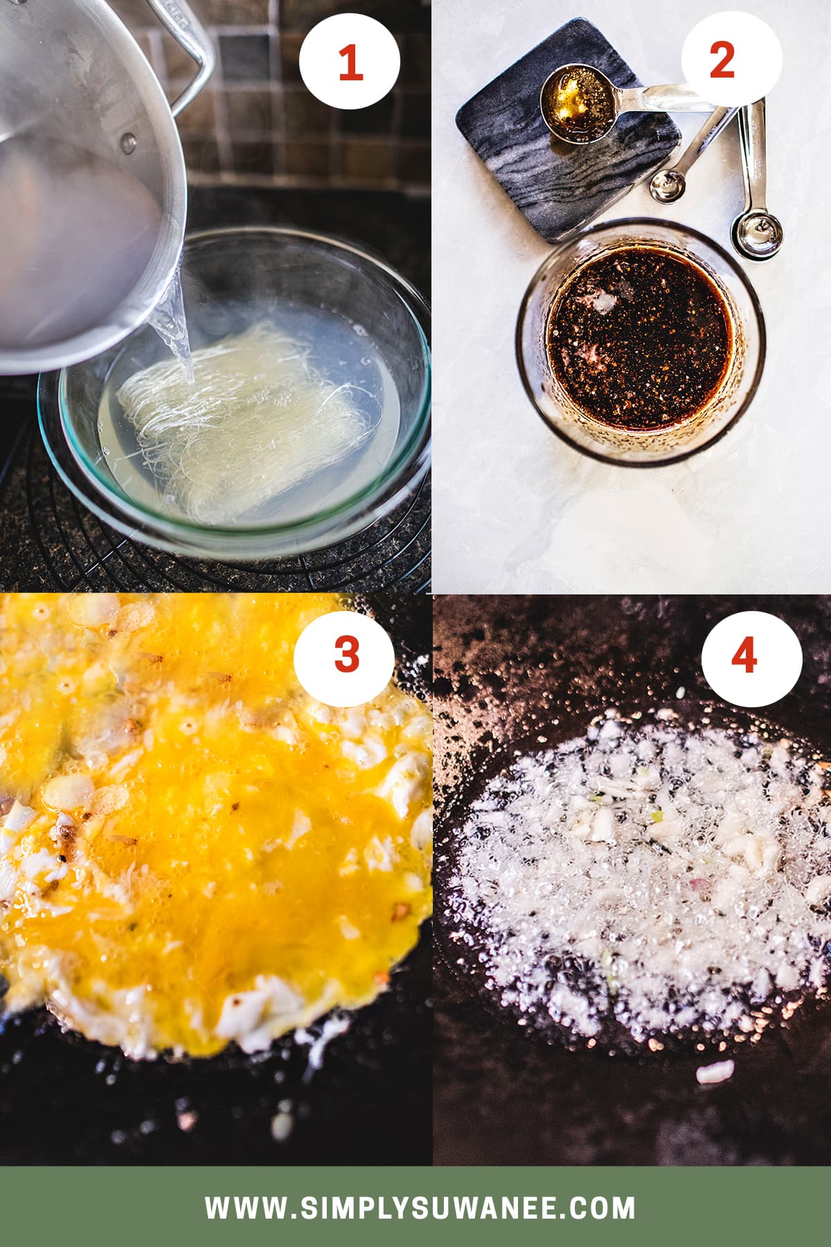 steps 1-4 collage of how to make pad woon sen.