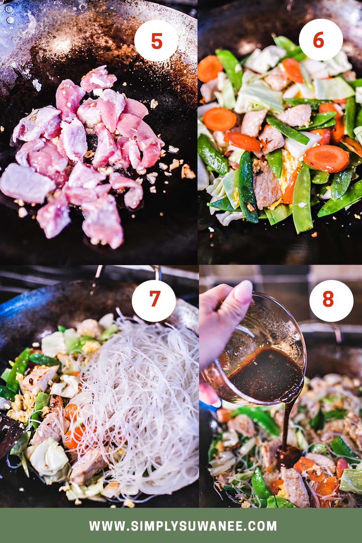 Collage images of step 5-8 on how to make Thai glass noodles stir fry (pad woon sen) noodles.