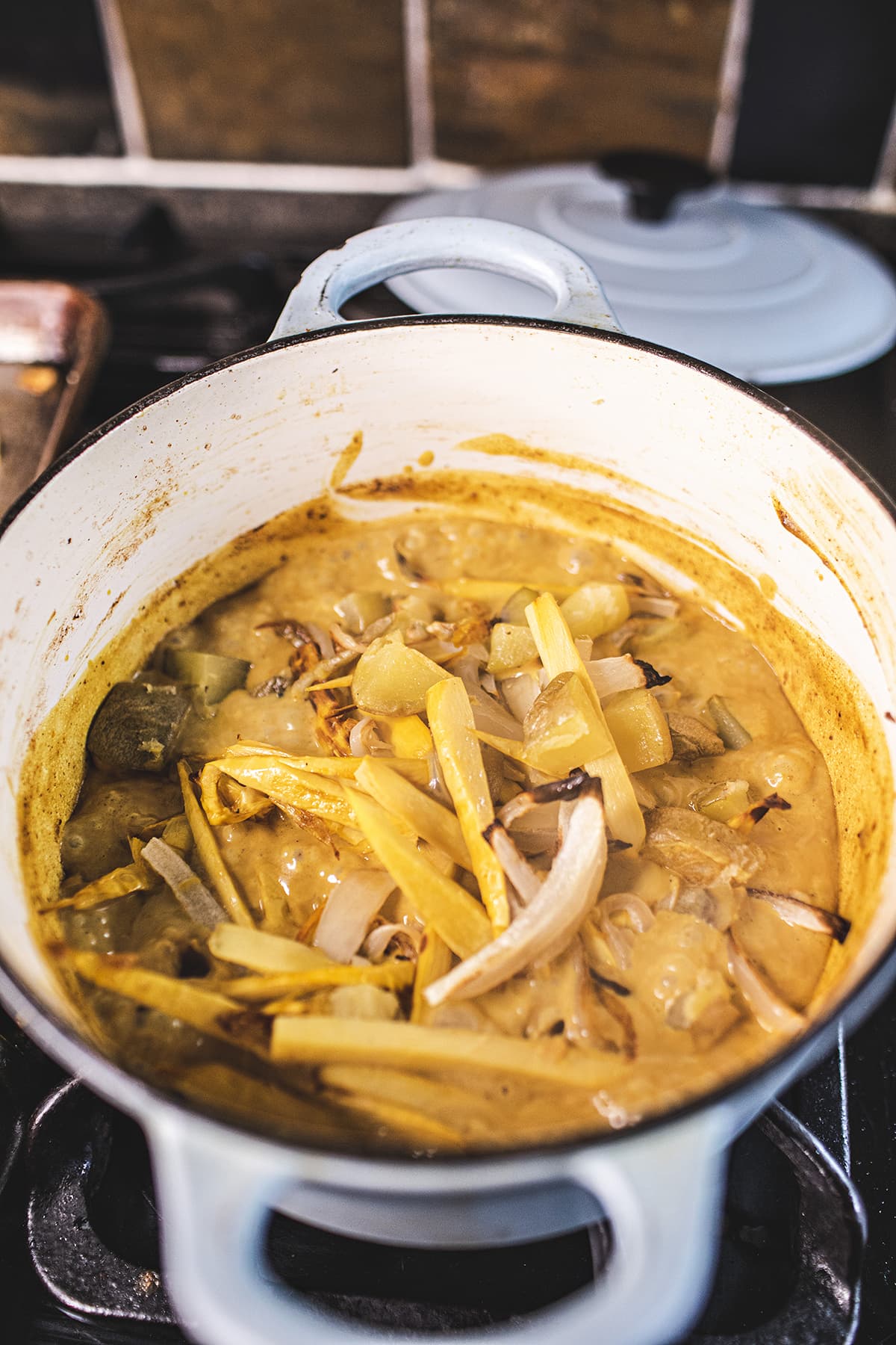 yellow curry with bamboo shoot in a pot