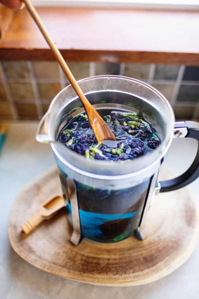 butterfly tea leaves in French press.