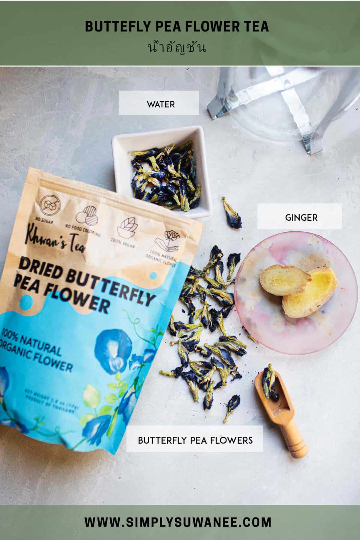 loose leaf butterfly tea and ginger on the counter.