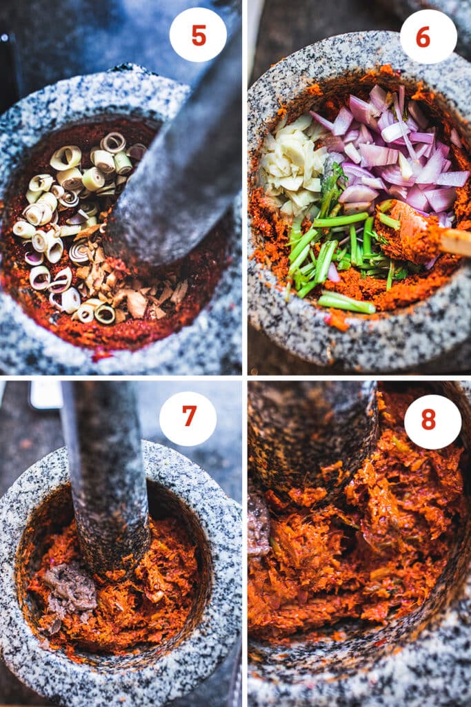 Step-by-step (5-8) process of making homemade Thai red curry paste using a mortar and pestle.