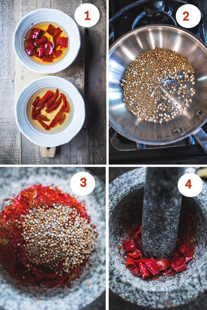 Step-by-step (1-4) process of making homemade Thai red curry paste using a mortar and pestle.
