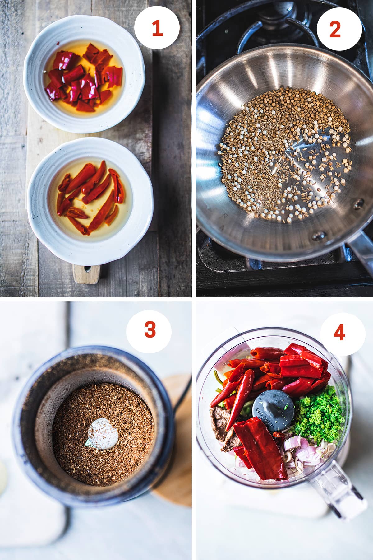 steps 1-4 on of process shots for red curry paste