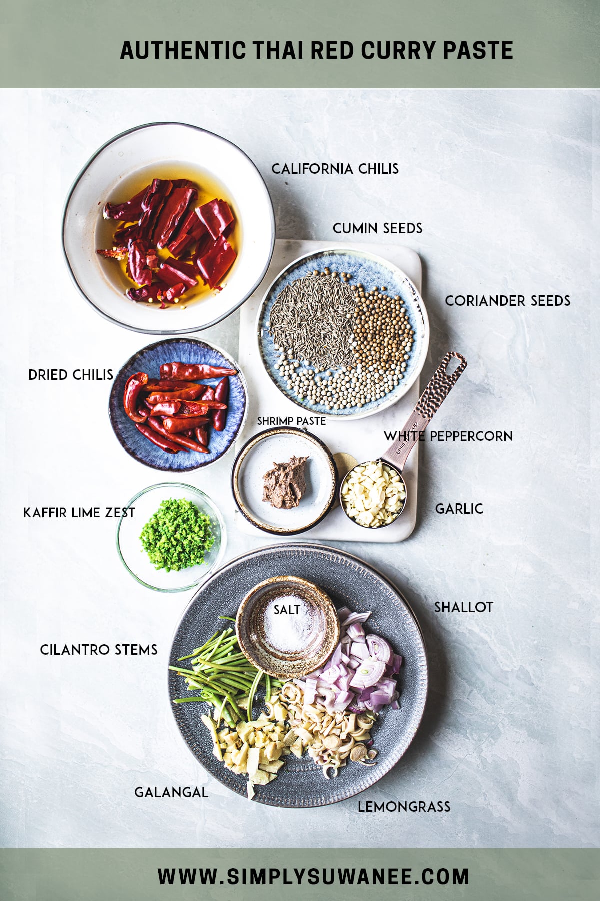 red curry paste ingredients on white counter