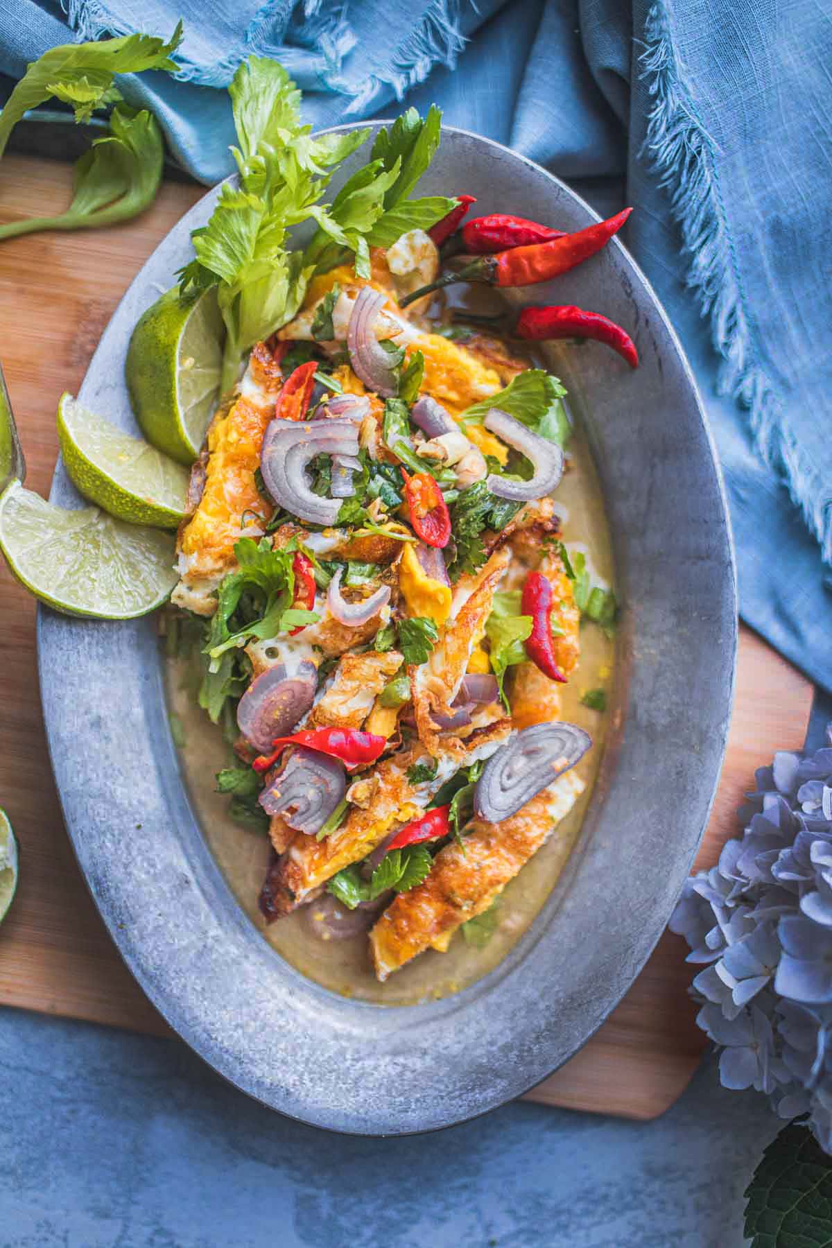 crispy Egg salad in a gray platter