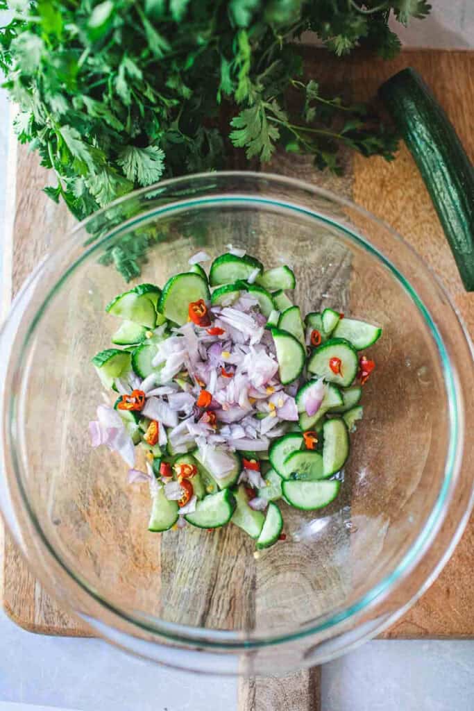 cucumber salad in a mixing bowl