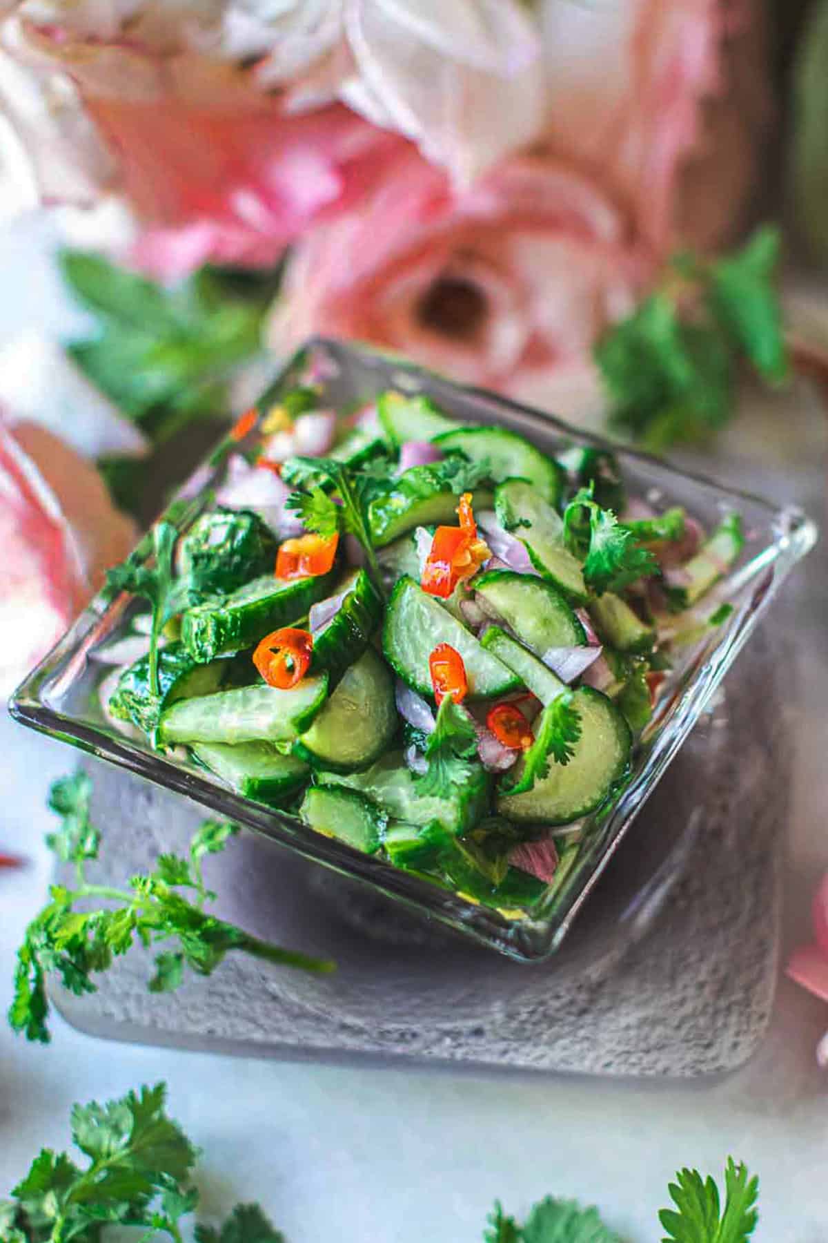 glass bowl of cucumber salad