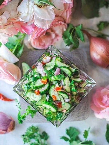 cucumber salad in a glass bowl