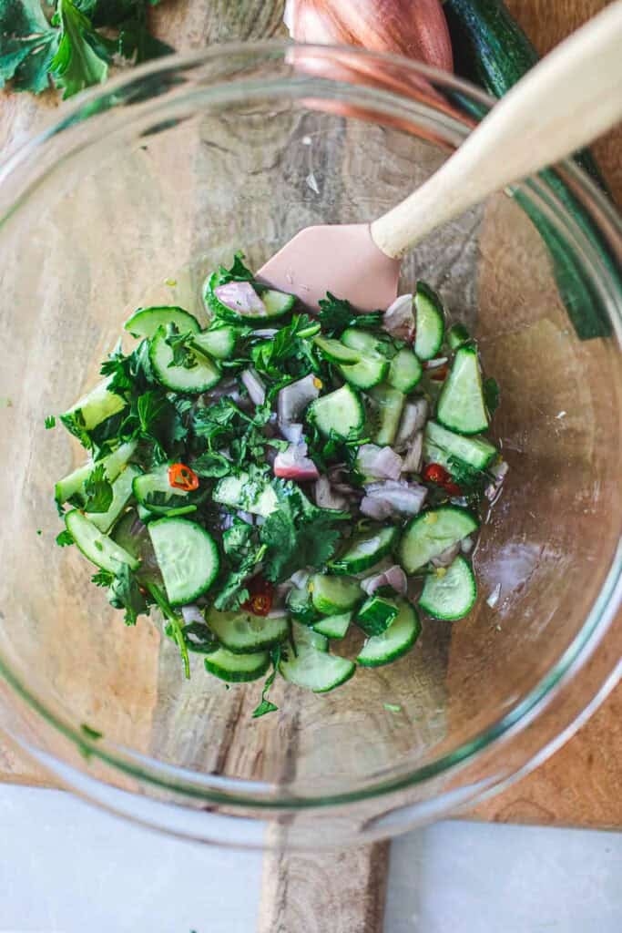 cucumber salad in a mixing bowl