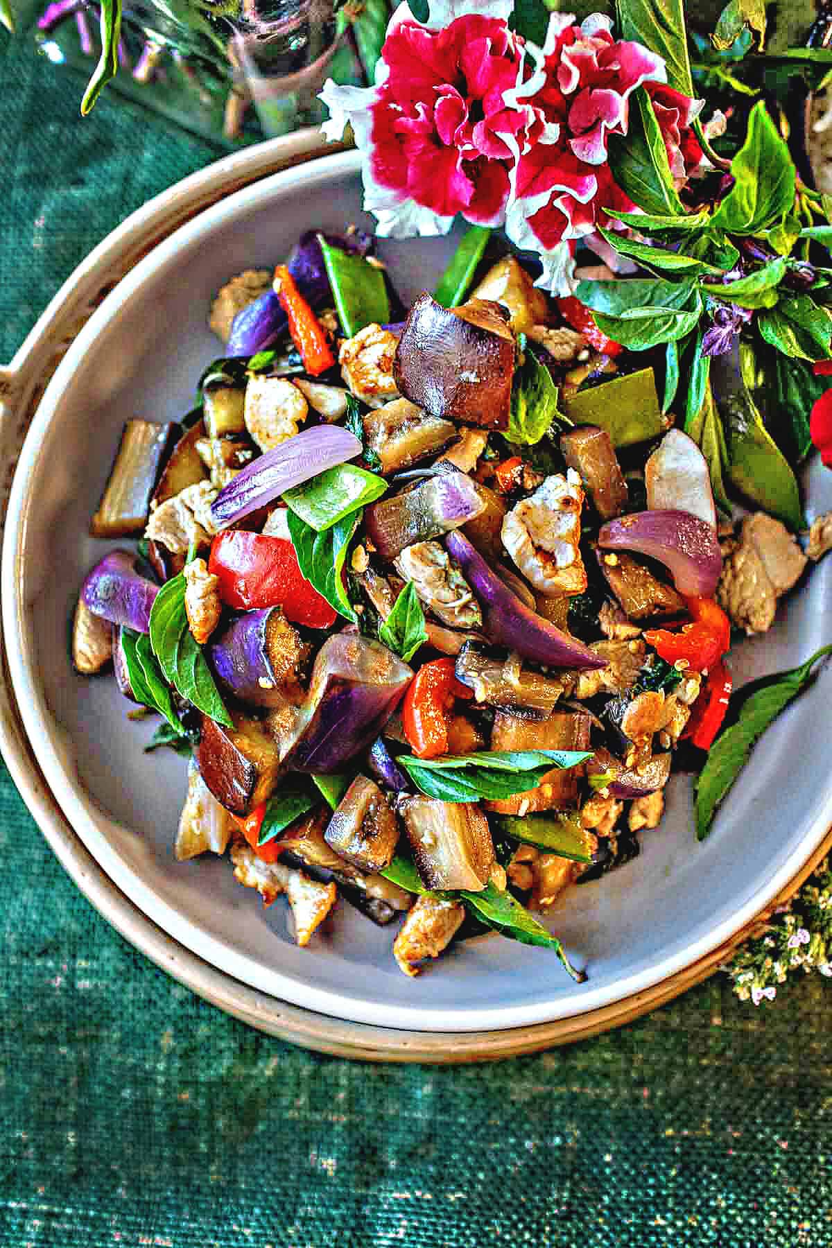Eggplant Stir fry with Thai Basil and Chicken