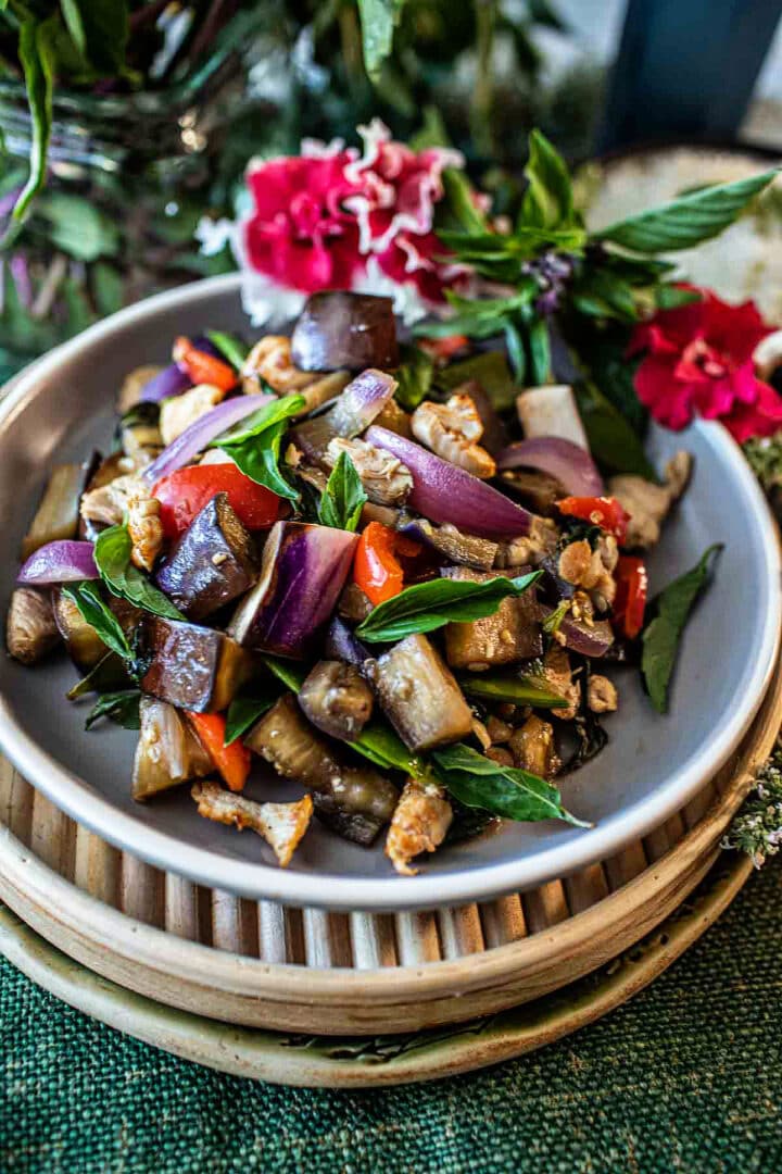 Eggplant Stir fry with Thai Basil and Chicken - Simply Suwanee