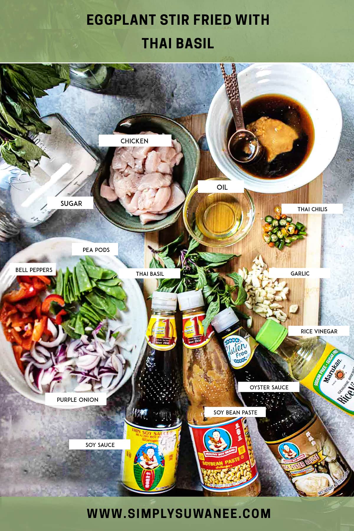 ingredients for eggplant stir fry with thai basil