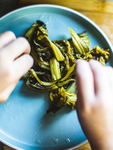 hands tearing leaf of pickled mustard greens