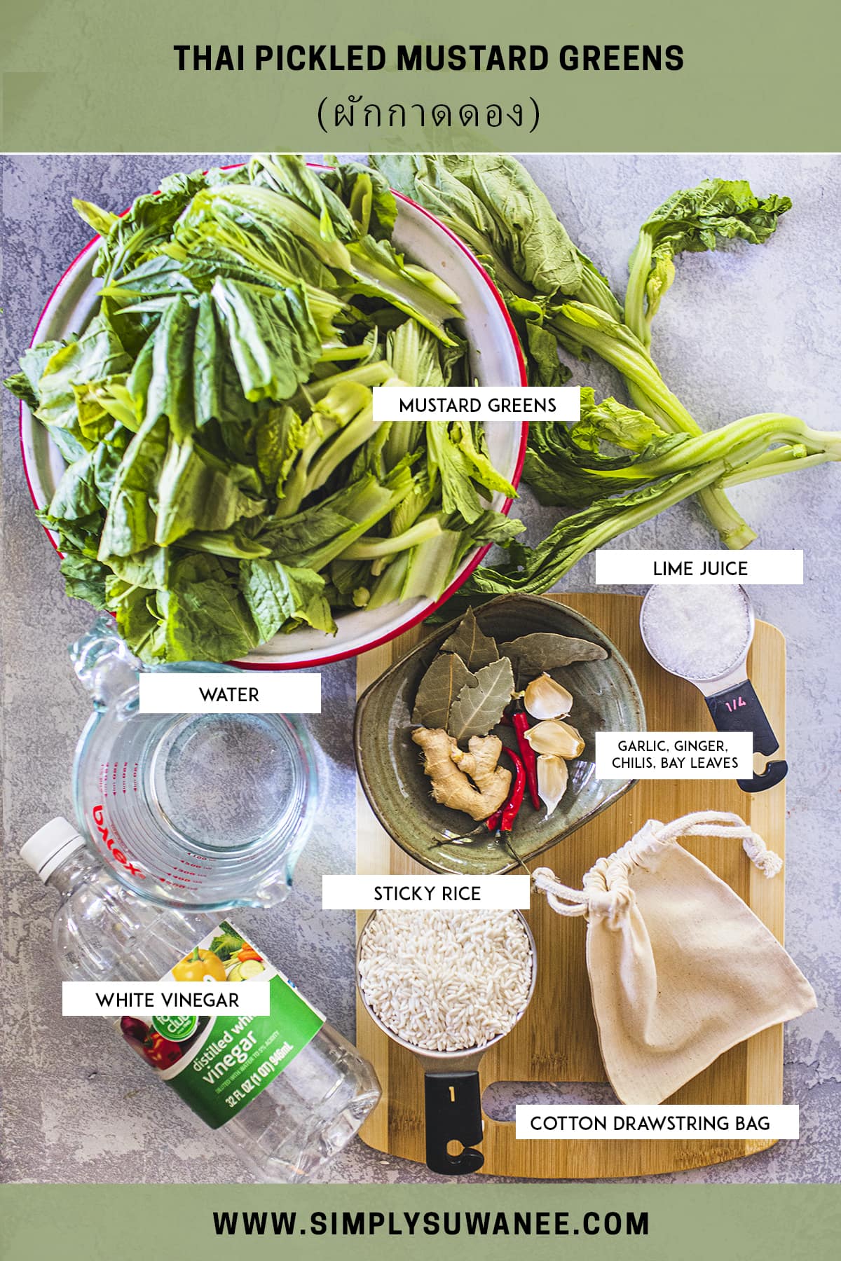 ingredients for Thai pickled mustard greens recipe on a counter