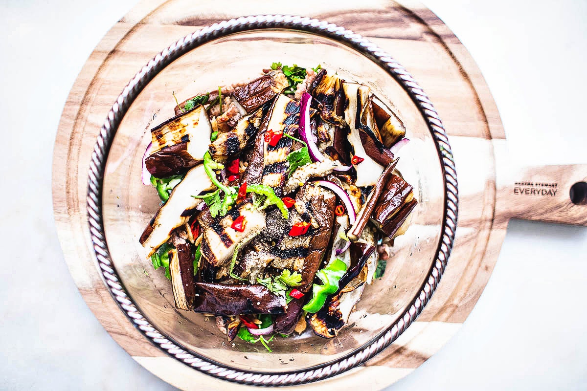 grilled Eggplant salad in a glass bowl