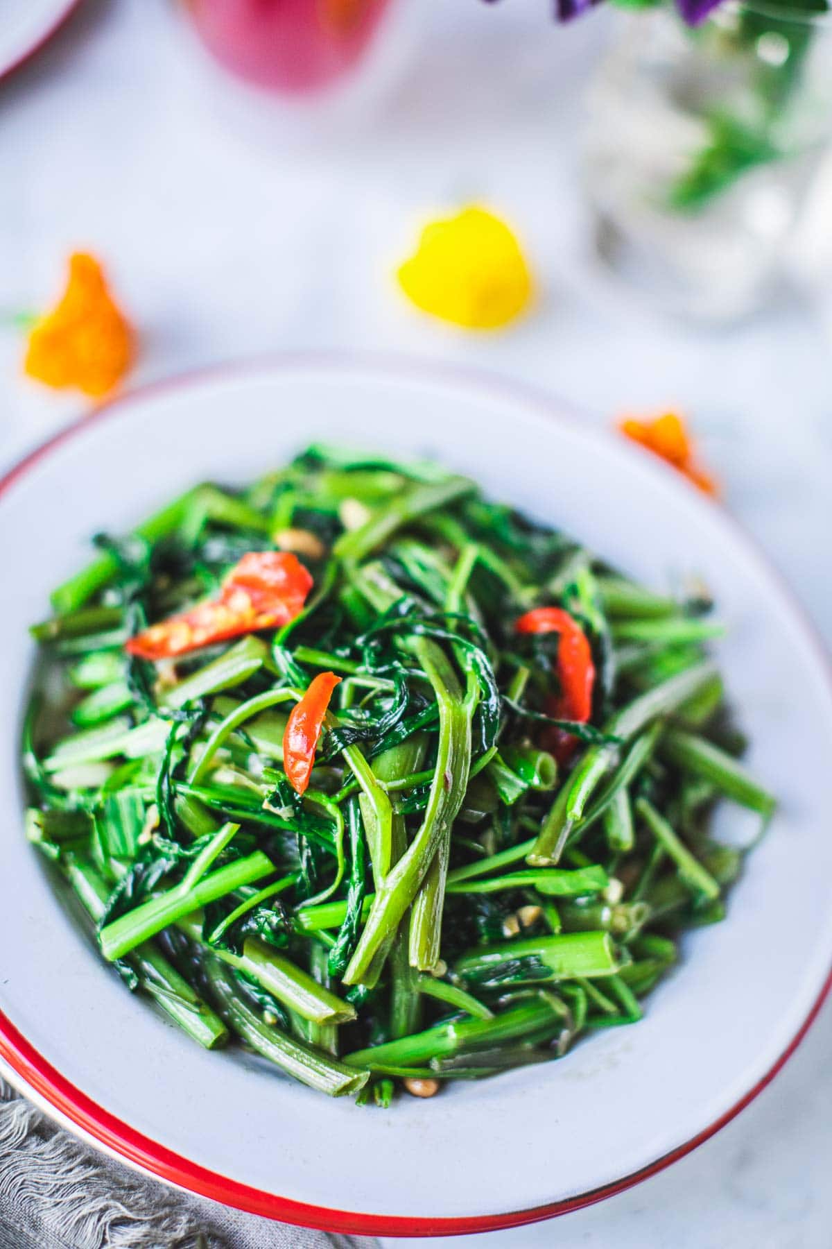 Morning glory stir fried on a plate