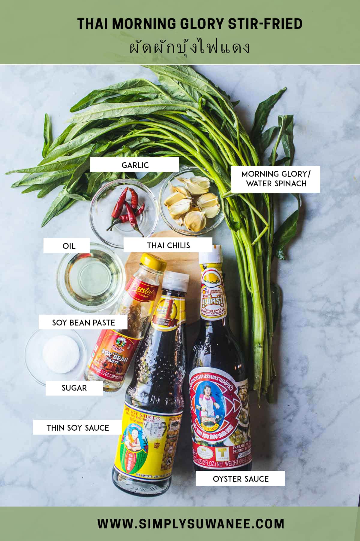 ingredient list for thai morning glory stir fry on counter