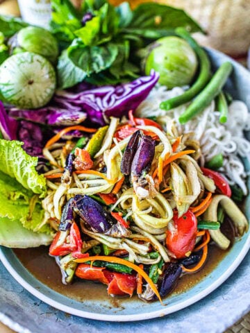 close up of lao papaya salad in a plate with fresh veggies garnish